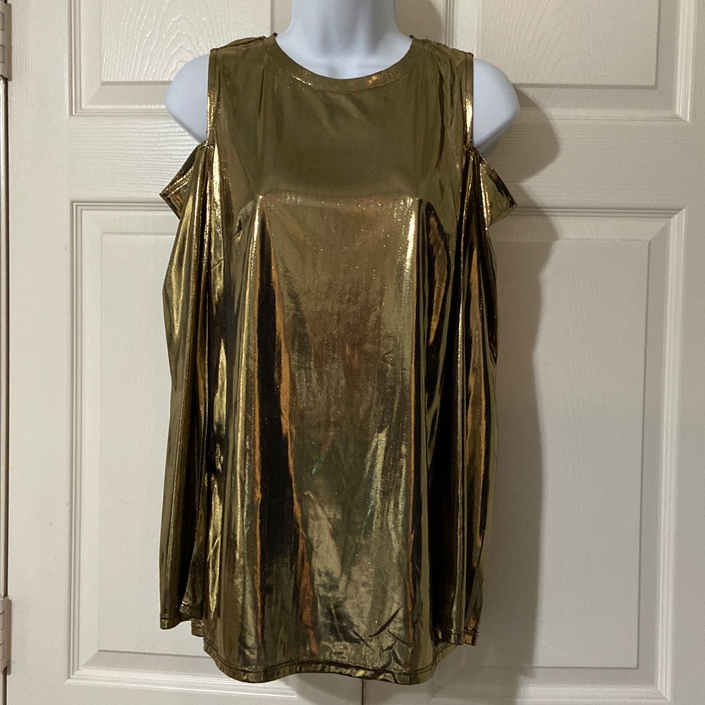 NWT MICHAEL Michael Kors Metallic Gold Cold Shoulder Blouse Size Small